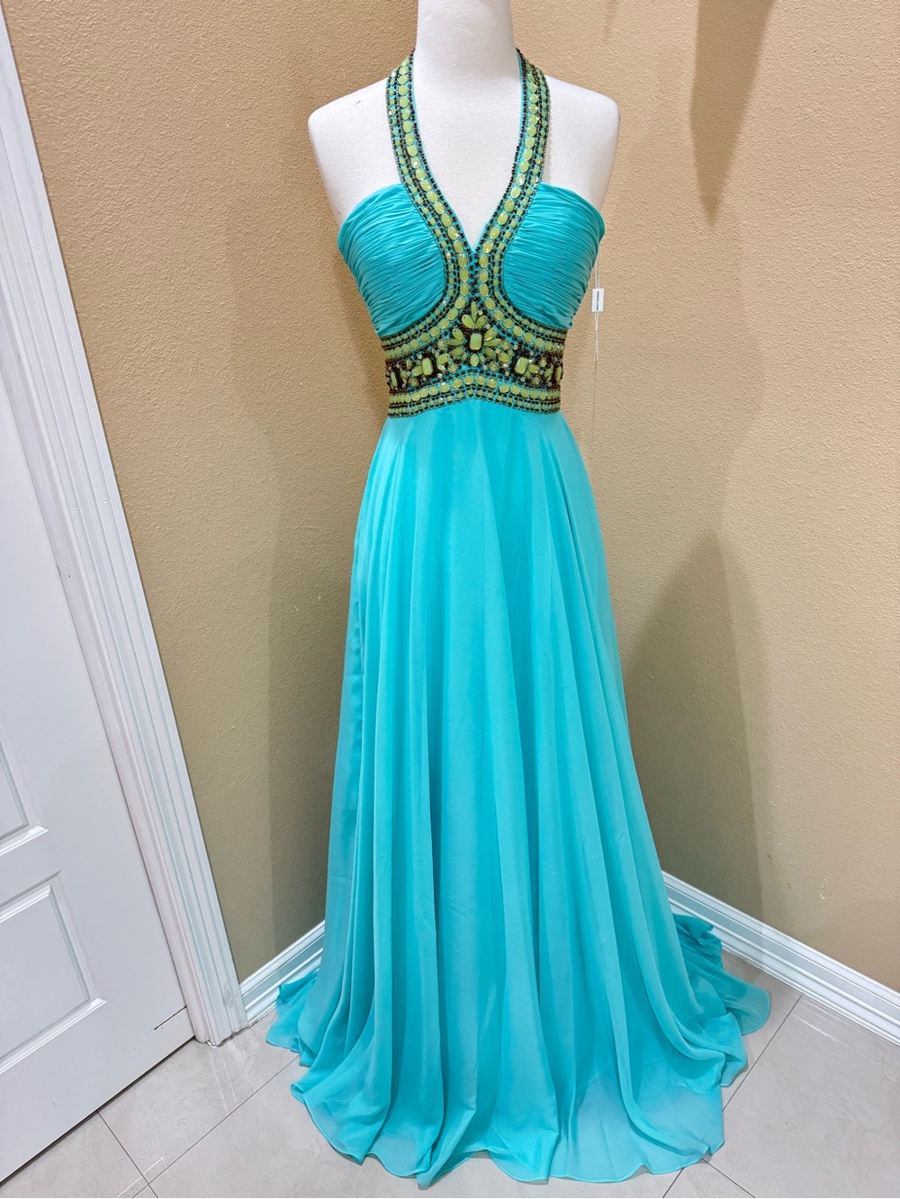 Madison James Turquoise Beaded Halter Maxi Dress